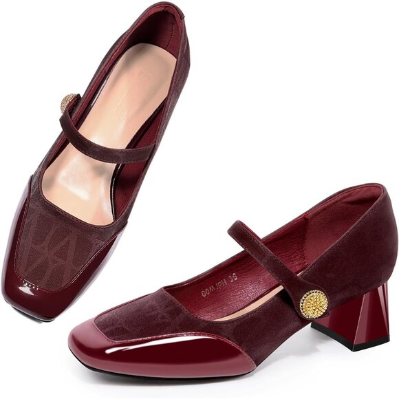 Women's Wine Square Toe Mary Jane Comfortable Closed Toe Chunky Block Heels - Picture 1 of 8
